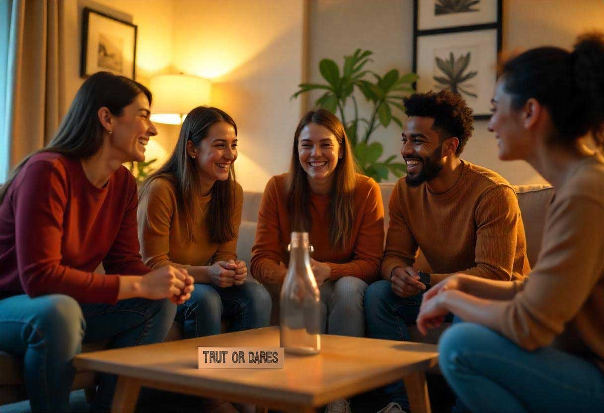 group of friends in their living room playing with spin the bottle