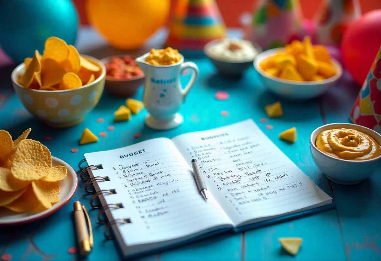 A vibrant tabletop scene with games, snacks, and a budgeting notebook surrounded by themed decor.