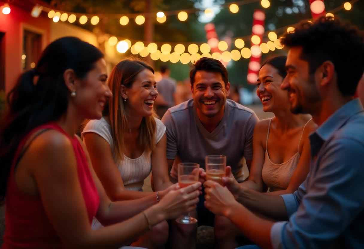 A lively scene of people in a circle laughing, engaging in a simple icebreaker game, with party decor in the background.