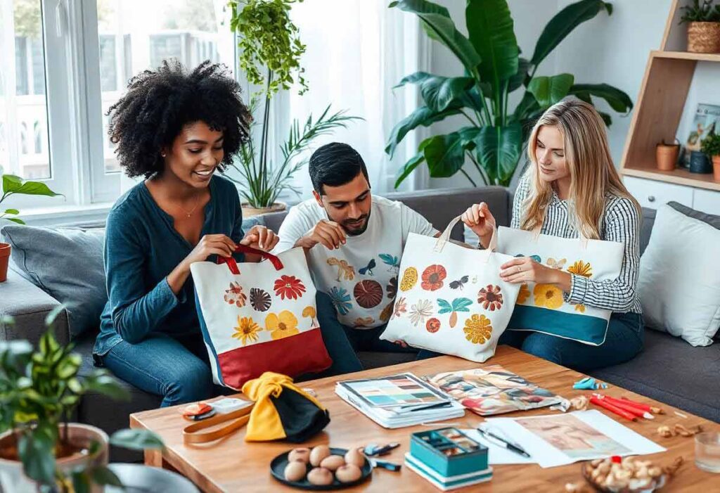 friends in a living room designing summer tote bags