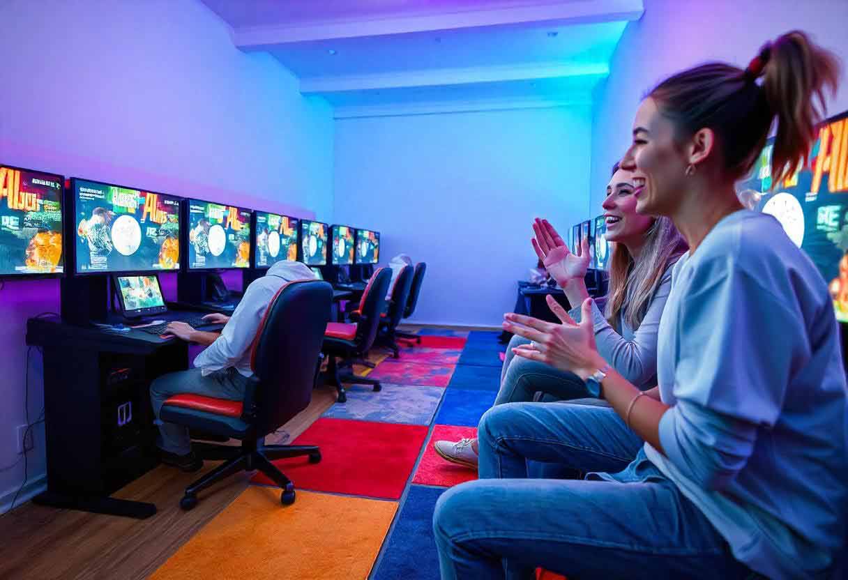 A vibrant, high-energy setup featuring multiple game stations with people laughing, cheering, and playing games.