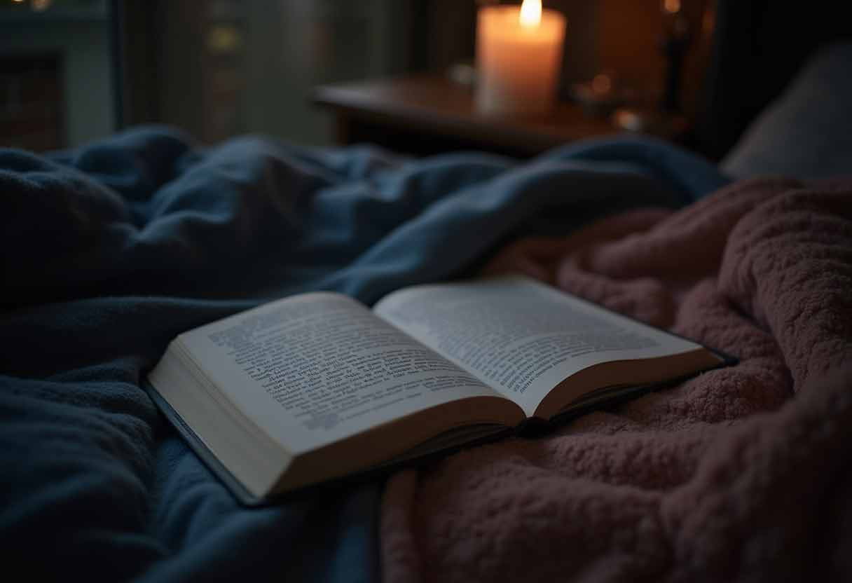 A cozy nighttime setting with soft lighting and a storybook.