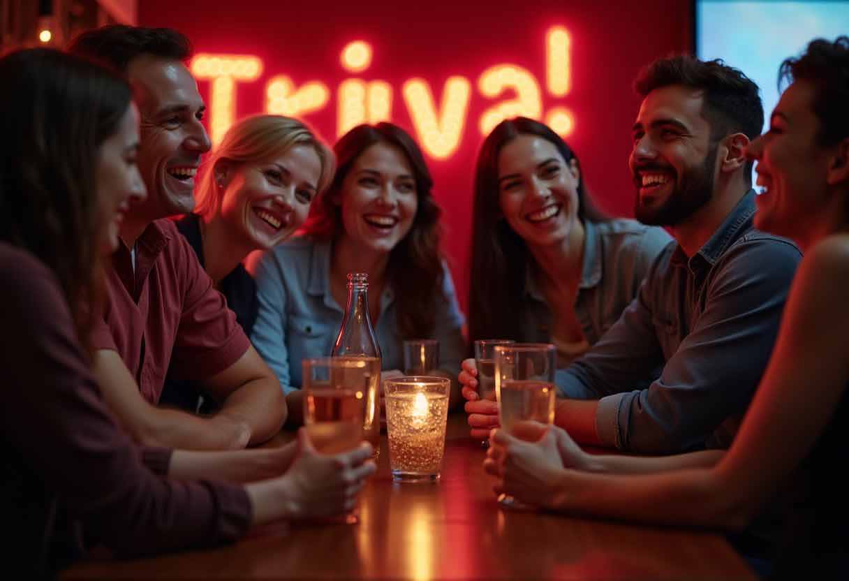 A group of friends laughing at a trivia night