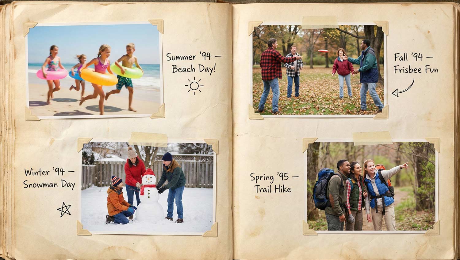 Collage of people playing outdoor games across all four seasons—kids running in summer, adults tossing a frisbee in fall, a family building a snowman in winter, and friends on a spring trail.