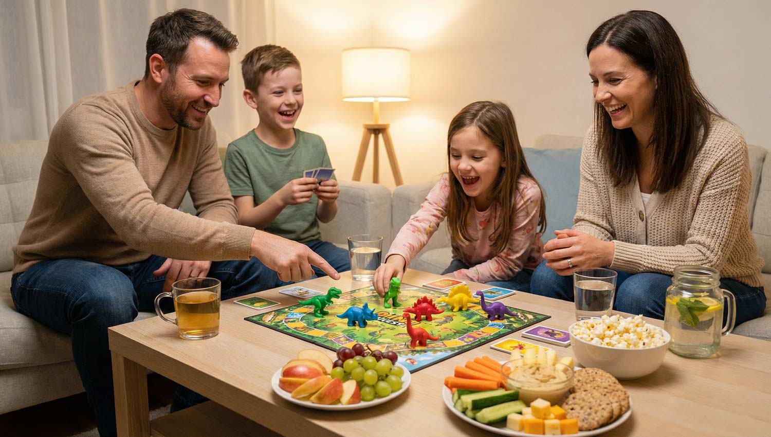 Family laughing around a board game, warm light