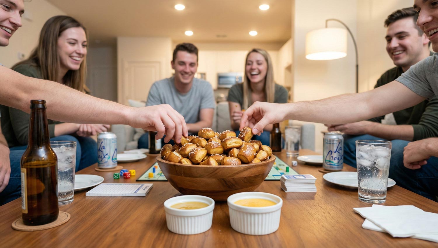 A table filled with crowd-favorite game night snacks shared by friends