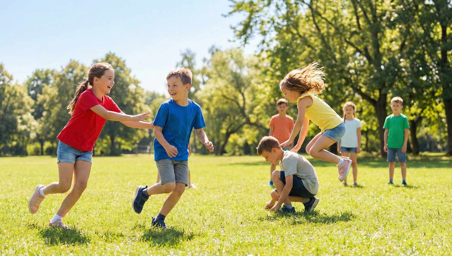 Children playing tag and leapfrog in a grassy park, capturing movement, joy, and bright colors.