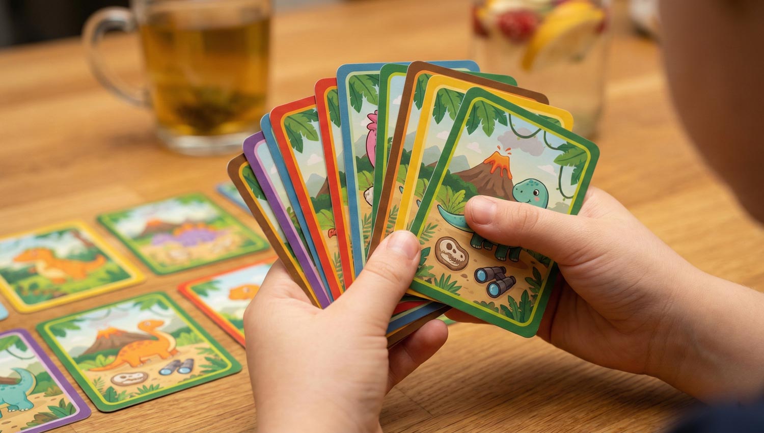 Close-up of cards and hands on a kitchen table