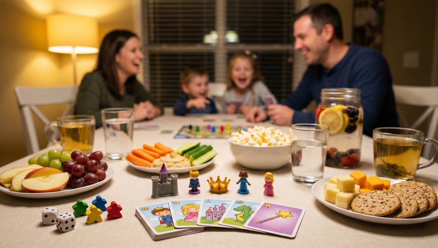 Cozy night scene — snacks, dice, and laughter