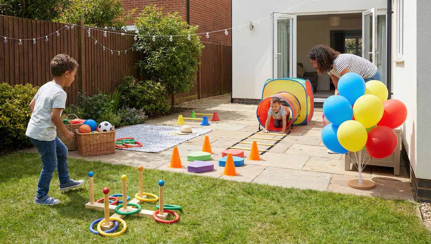 Backyard or small patio setup featuring ring toss, balloons, or a mini obstacle course suited for limited space.