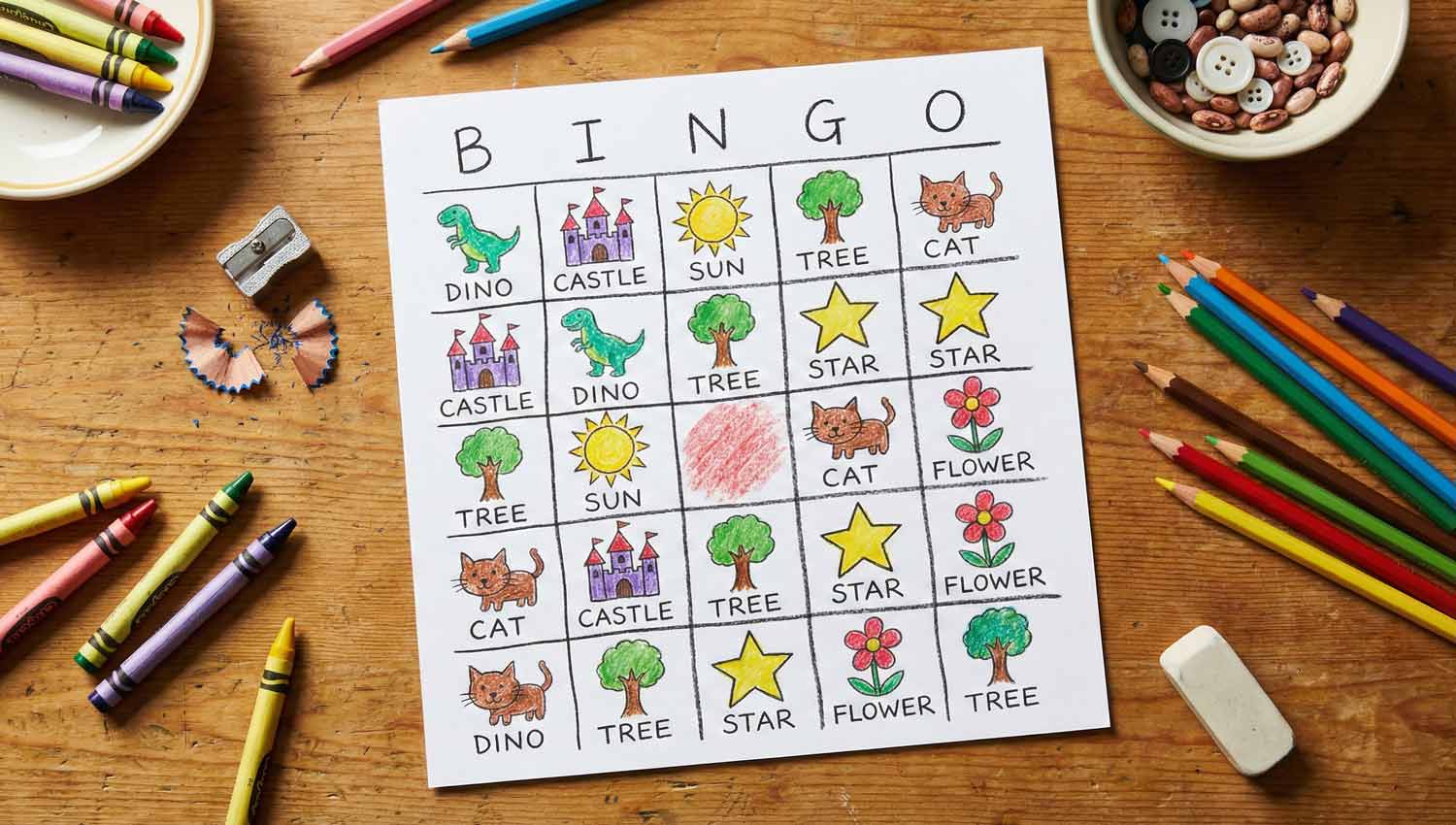 Homemade DIY Bingo board, hand-drawn and full of color